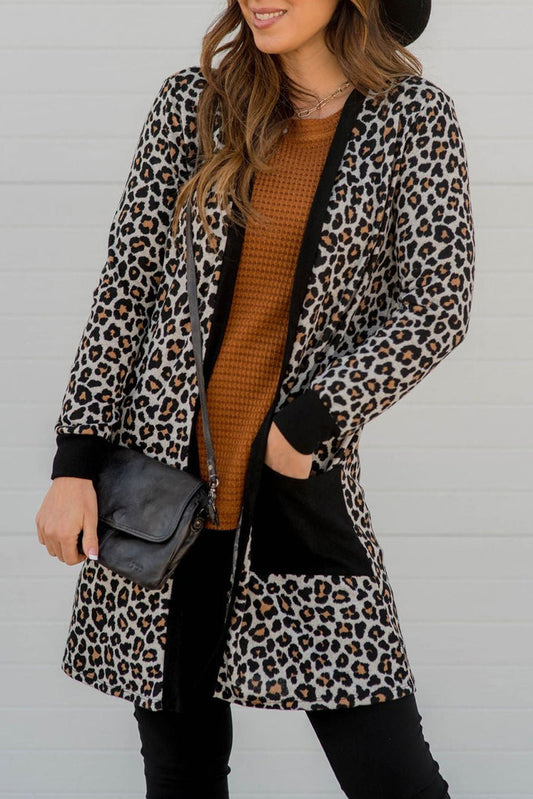 Black Leopard Patched Pocket Open Front Cardigan - Premium Sweaters & Cardigans/Cardigans from Momma Done Gone Crafty- Just $15.75! Shop now at Momma Done Gone Crafty