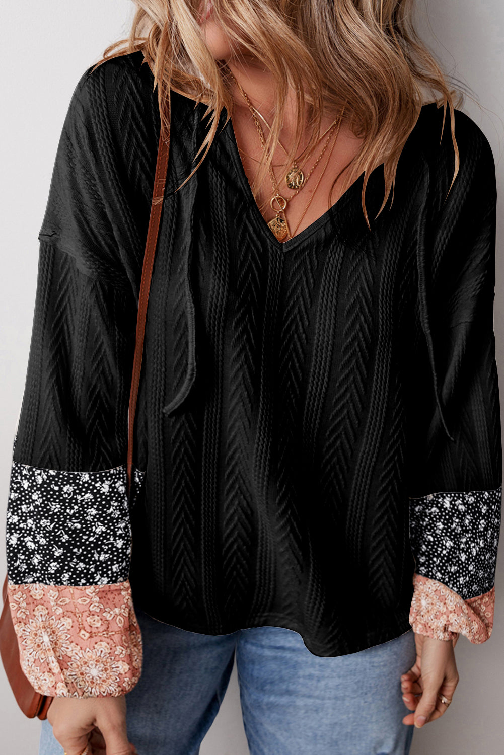 Black Floral Patchwork Textured Knit Drawstring V Neck Blouse - Premium Tops/Blouses & Shirts from Ashes 2 Wildflowers Boutique, LLC- Just $18.55! Shop now at Ashes 2 Wildflowers Boutique, LLC