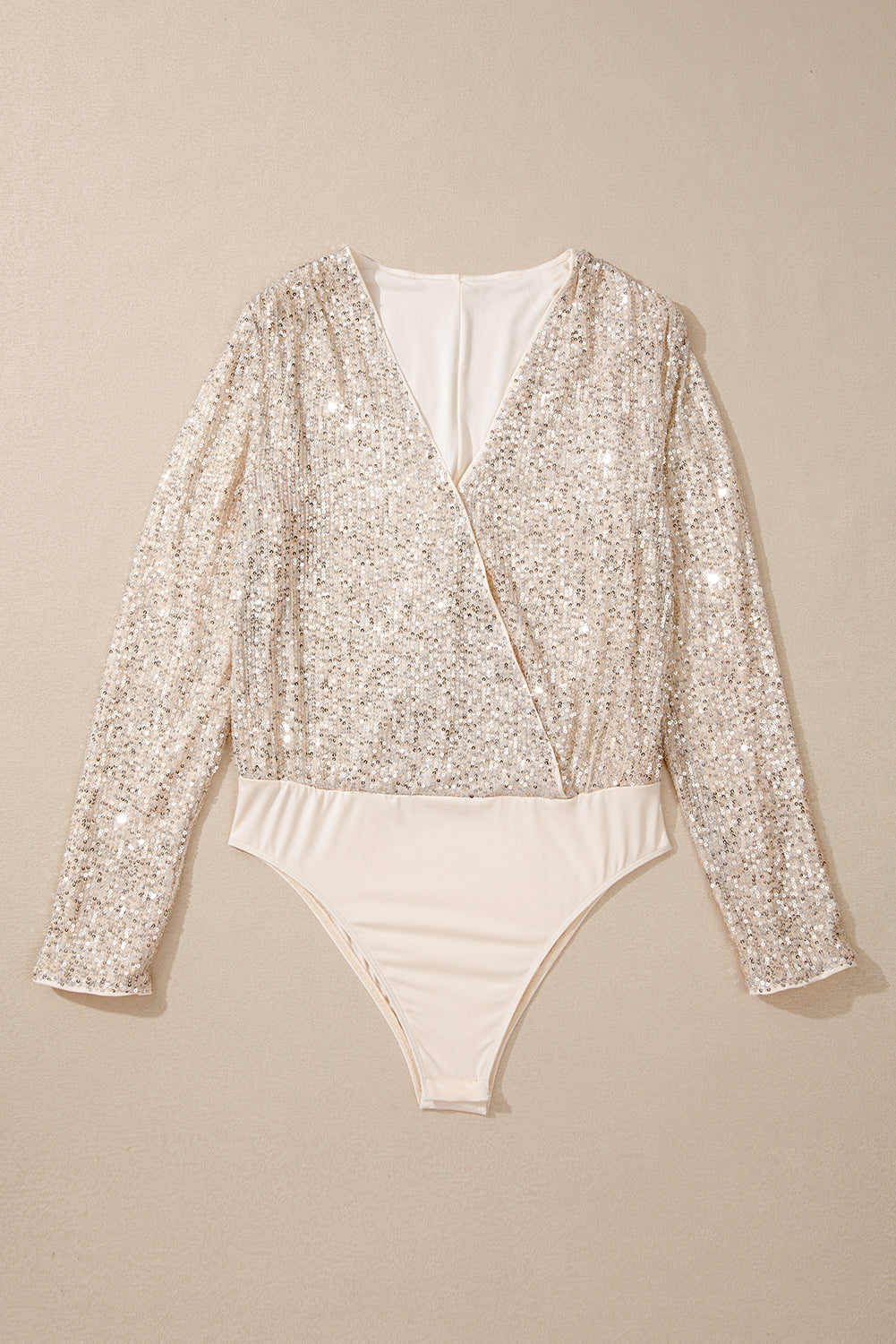 Beige Sequin Long Sleeve Wrap V Neck Bodysuit - Premium Tops/Bodysuits from Momma Done Gone Crafty- Just $31.95! Shop now at Momma Done Gone Crafty