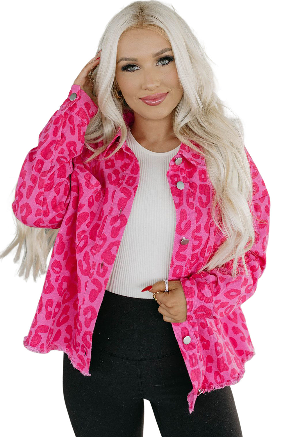 Pink Leopard Print Button Cuffs Raw Hem Jacket - Premium Outerwear from Momma Done Gone Crafty- Just $55.80! Shop now at Momma Done Gone Crafty
