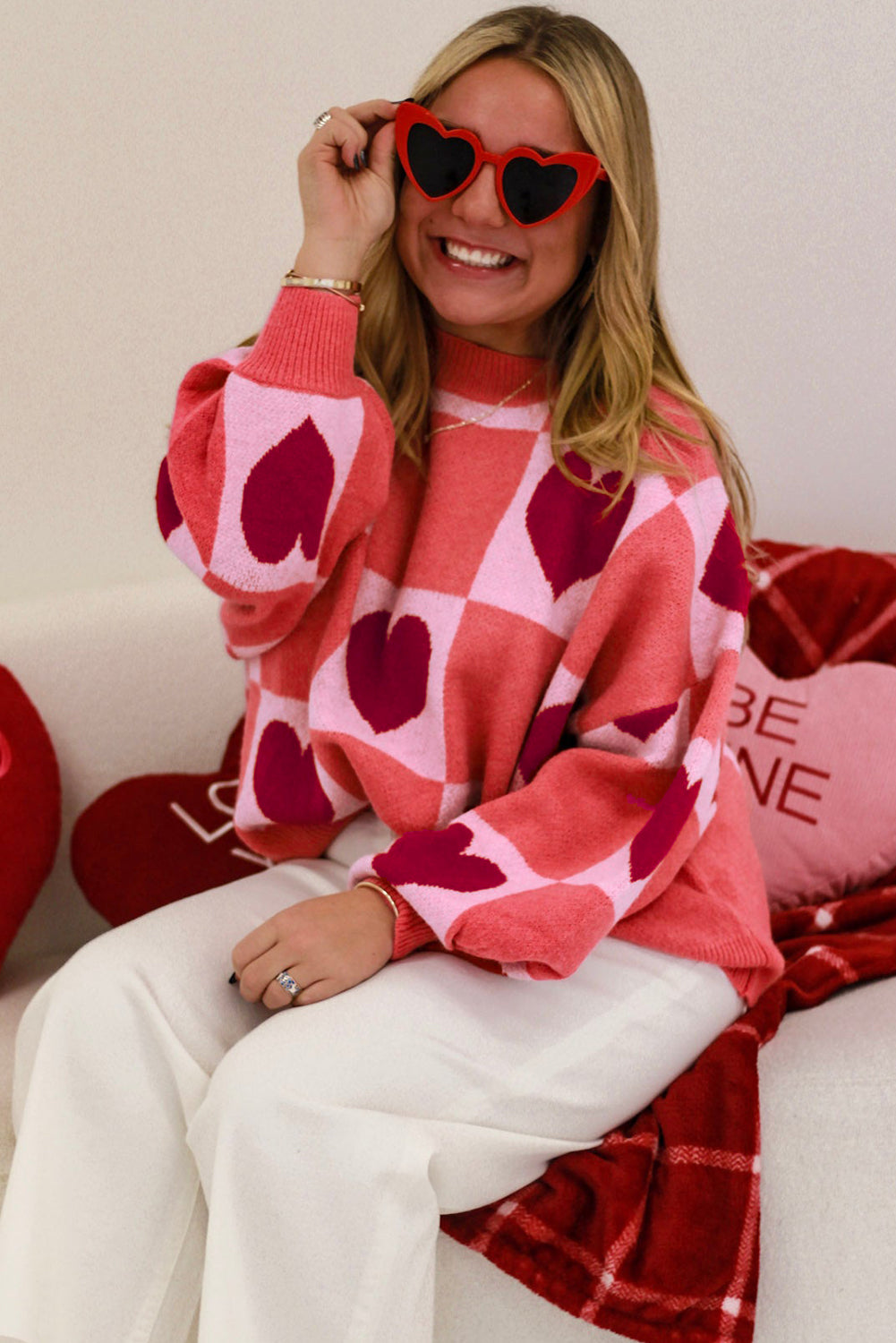 Pink Plus Size Love Heart Block Mock Neck Lantern Sleeve Valentine Sweater - Premium Plus Size/Plus Size Sweaters & Cardigans from Momma Done Gone Crafty- Just $33! Shop now at Momma Done Gone Crafty