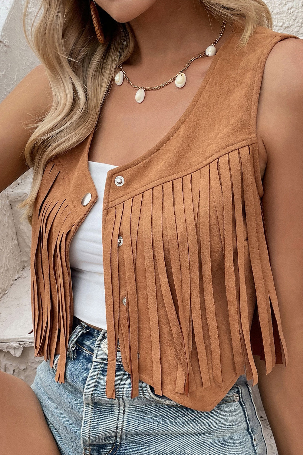 Camel Fringed Snap Button Front Suedette Vest - Premium Outerwear/Jackets from Momma Done Gone Crafty- Just $18.84! Shop now at Momma Done Gone Crafty
