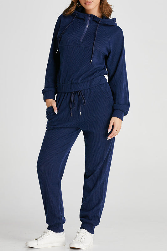 Navy Blue Ribbed Knit Cropped Hoodie and Drawstring Joggers Set - Premium Activewear/Activewear Sets from Ashes 2 Wildflowers Boutique, LLC- Just $42! Shop now at Ashes 2 Wildflowers Boutique, LLC