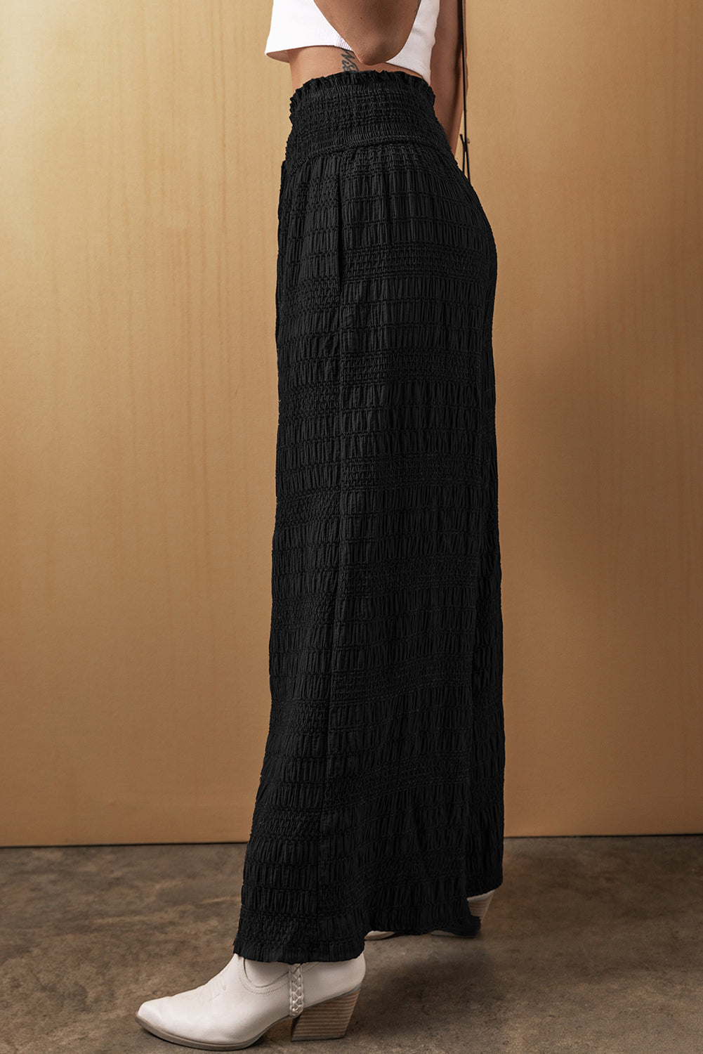 Black Textured Wide Smocked Waist Loose Pants - Premium Bottoms/Pants & Culotte from Momma Done Gone Crafty- Just $24! Shop now at Momma Done Gone Crafty