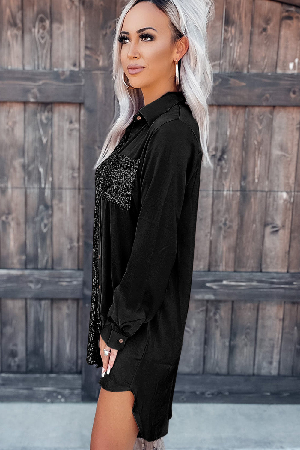 Black Sequin Splicing Pocket Buttoned Shirt Dress - Premium Dresses from Momma Done Gone Crafty- Just $32.94! Shop now at Momma Done Gone Crafty