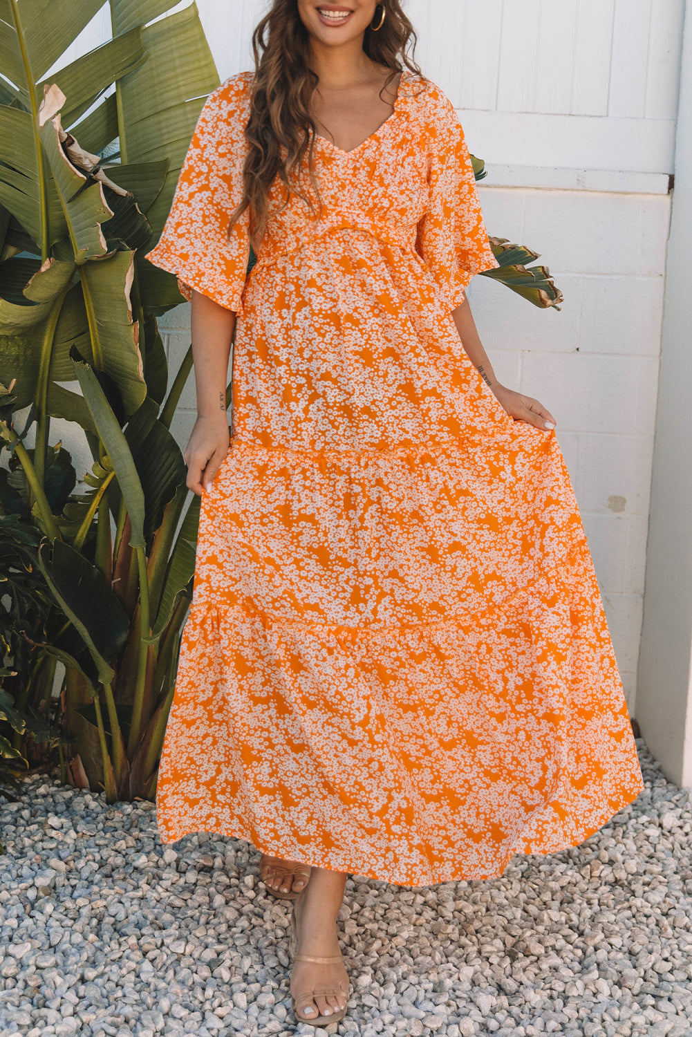 Orange Floral Print Smocked V Neck Wide Sleeve Maxi Dress - Premium Dresses/Floral Dresses from Momma Done Gone Crafty- Just $55.99! Shop now at Momma Done Gone Crafty