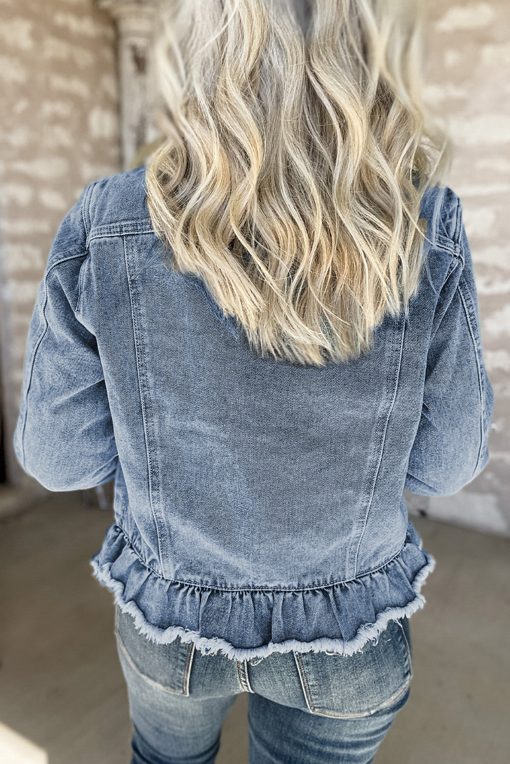 Beau Blue Ruffle Raw Hem Flap Pockets Denim Jacket - Premium Outerwear/Denim jackets from Ashes 2 Wildflowers Boutique, LLC- Just $41.38! Shop now at Ashes 2 Wildflowers Boutique, LLC