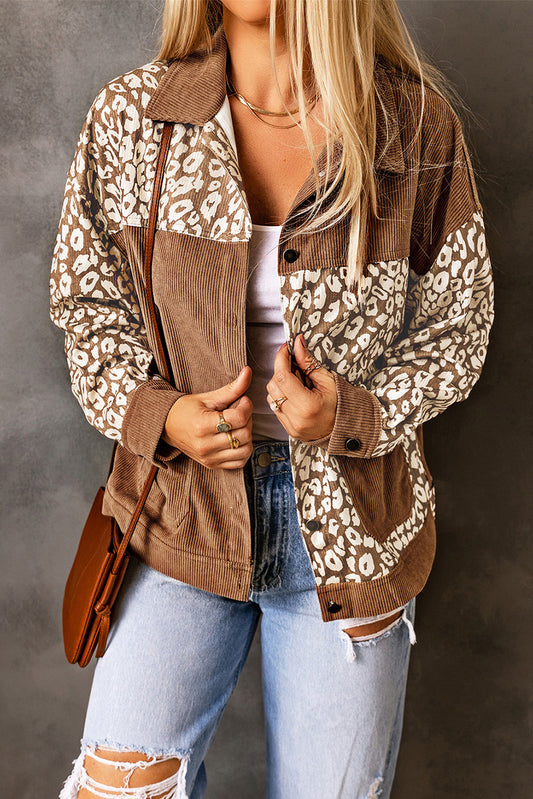 Brown Leopard Print Corduroy Long Sleeve Jacket - Premium Outerwear from Momma Done Gone Crafty- Just $48.90! Shop now at Momma Done Gone Crafty