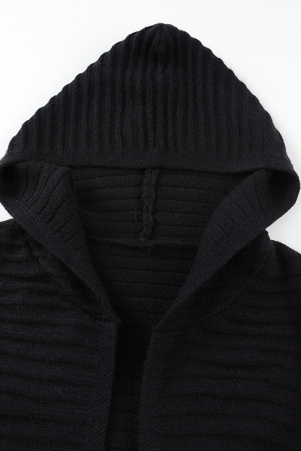 Black Horizontal Rib Knitted Open Front Hooded Cardigan - Premium Sweaters & Cardigans/Cardigans from Momma Done Gone Crafty- Just $36.60! Shop now at Momma Done Gone Crafty