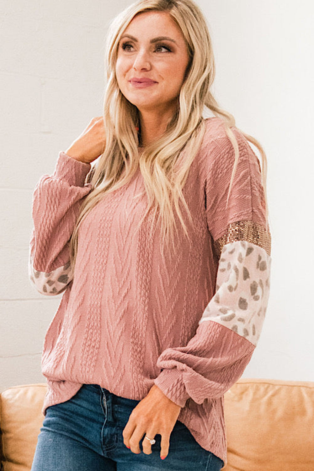 Pink Leopard Sequin Splicing Sleeves Textured Knit Top - Premium Tops from Momma Done Gone Crafty- Just $36.90! Shop now at Momma Done Gone Crafty