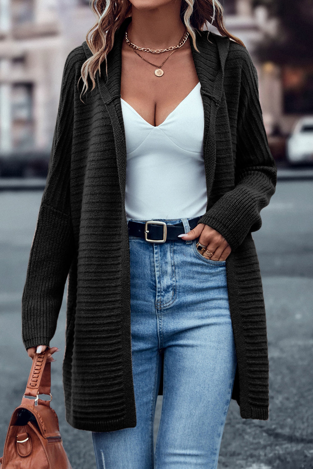 Black Horizontal Rib Knitted Open Front Hooded Cardigan - Premium Sweaters & Cardigans/Cardigans from Momma Done Gone Crafty- Just $36.60! Shop now at Momma Done Gone Crafty
