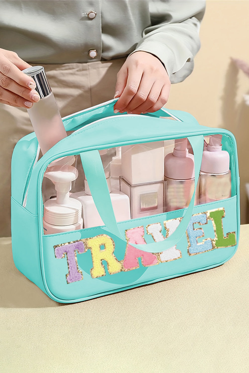 Mint Green TRAVEL Chenille Letter Clear PVC Makeup Bag - Premium Accessories from Momma Done Gone Crafty- Just $13.98! Shop now at Momma Done Gone Crafty