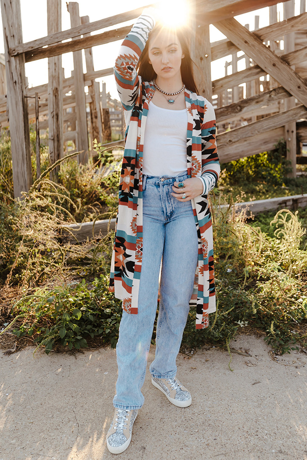 Multicolor Geometric Color Block Open Front Long Cardigan - Premium Tops from Momma Done Gone Crafty- Just $32.94! Shop now at Momma Done Gone Crafty