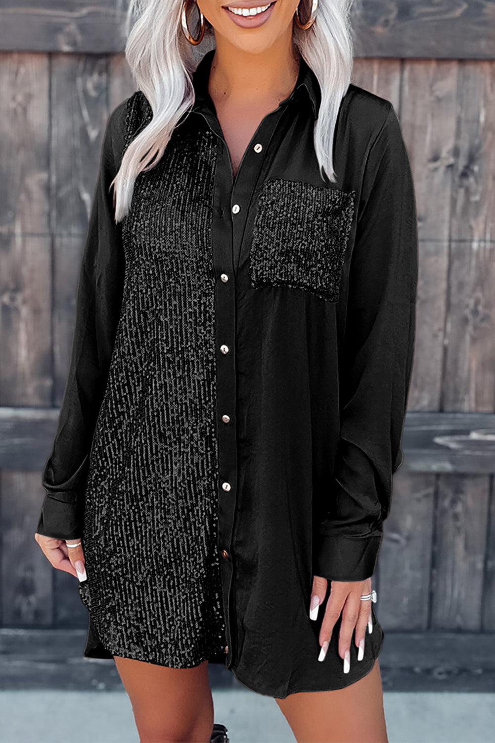Black Sequin Splicing Pocket Buttoned Shirt Dress - Premium Dresses from Momma Done Gone Crafty- Just $32.94! Shop now at Momma Done Gone Crafty