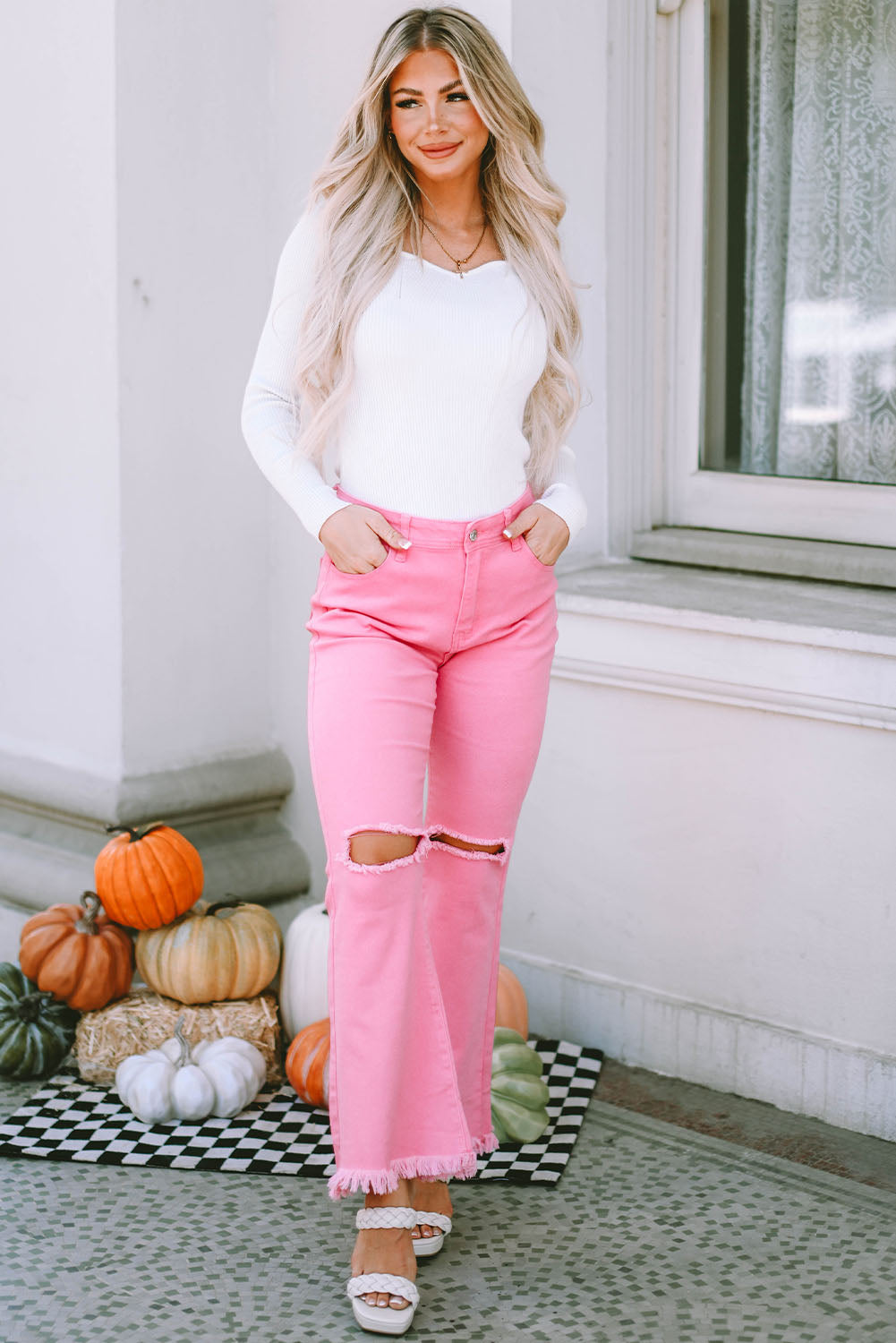 Pink Vintage High Waist Flare Leg Ripped Raw Hem Jeans - Premium Bottoms/Jeans from Ashes 2 Wildflowers Boutique, LLC- Just $35.40! Shop now at Ashes 2 Wildflowers Boutique, LLC