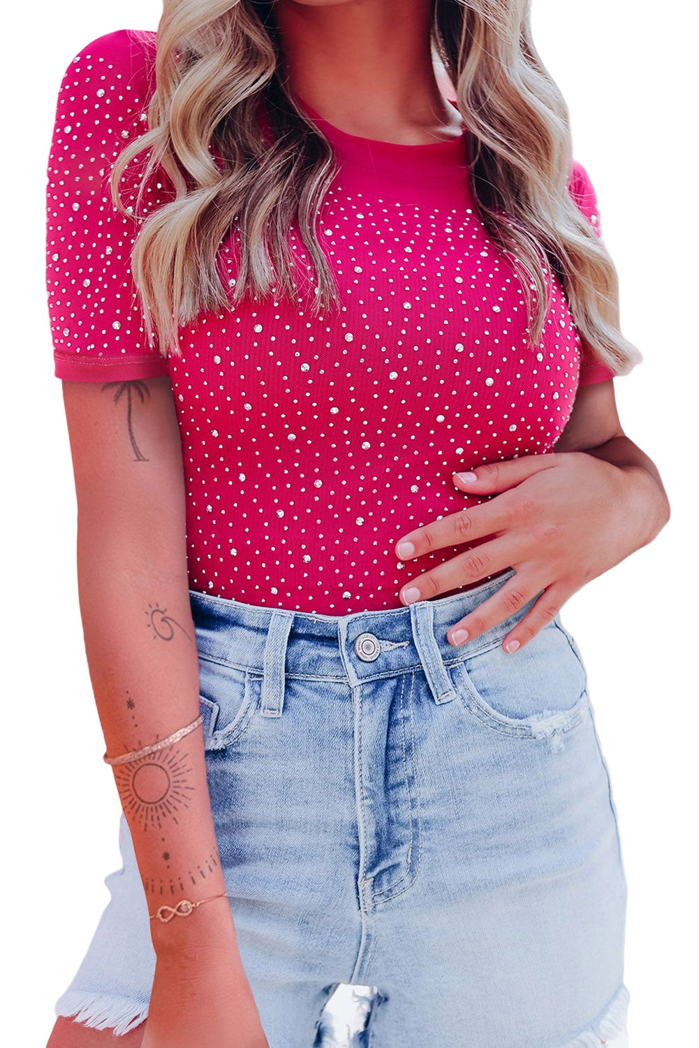 Rose Rhinestone Allover Round Neck Short Sleeve Bodysuit - Premium Tops from Momma Done Gone Crafty- Just $52.20! Shop now at Momma Done Gone Crafty