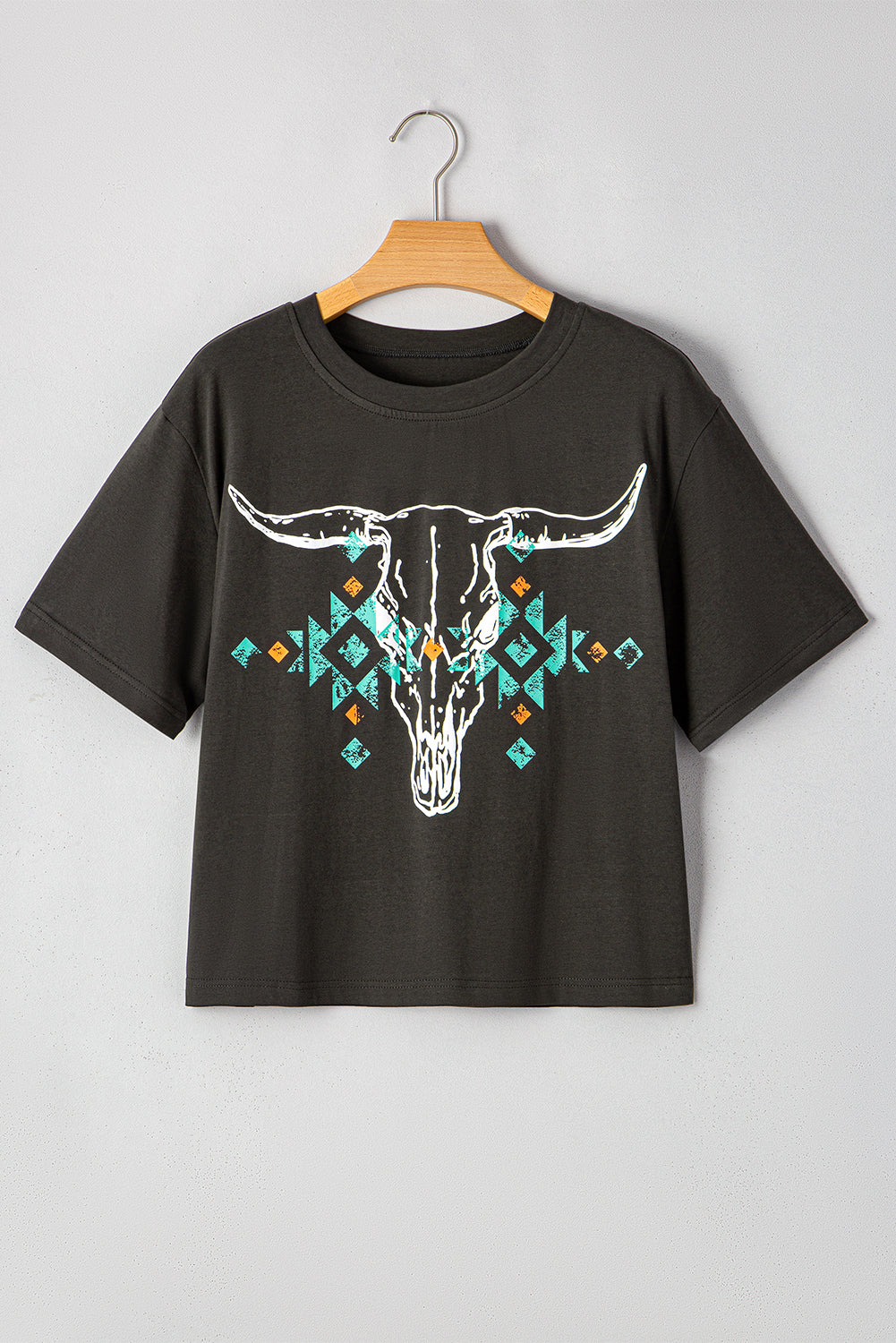 Carbon Grey Vintage Western Bull Head Skull Turquoise Aztec Graphic T Shirt - Premium Tops/Tops & Tees from Momma Done Gone Crafty- Just $19.99! Shop now at Momma Done Gone Crafty
