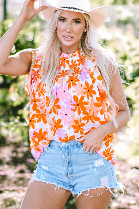 Orange Ruffled Sleeve Smocked Floral Top - Premium Tops/Blouses & Shirts from Ashes 2 Wildflowers Boutique, LLC- Just $30.14! Shop now at Ashes 2 Wildflowers Boutique, LLC