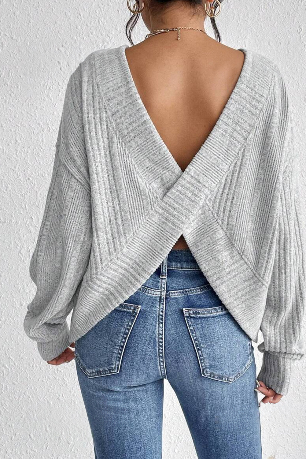 Light Grey Textured Crossover Backless Knit Long Sleeve Top - Premium Tops/Long Sleeve Tops from Momma Done Gone Crafty- Just $16.80! Shop now at Momma Done Gone Crafty