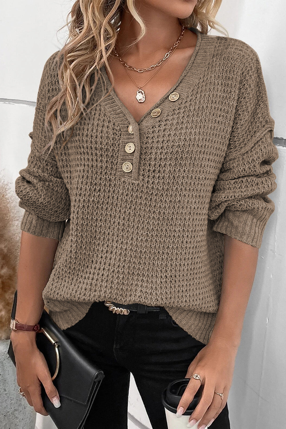 Khaki Pointelle Knit Button V Neck Drop Shoulder Sweater - Premium Tops from Momma Done Gone Crafty- Just $43.65! Shop now at Momma Done Gone Crafty