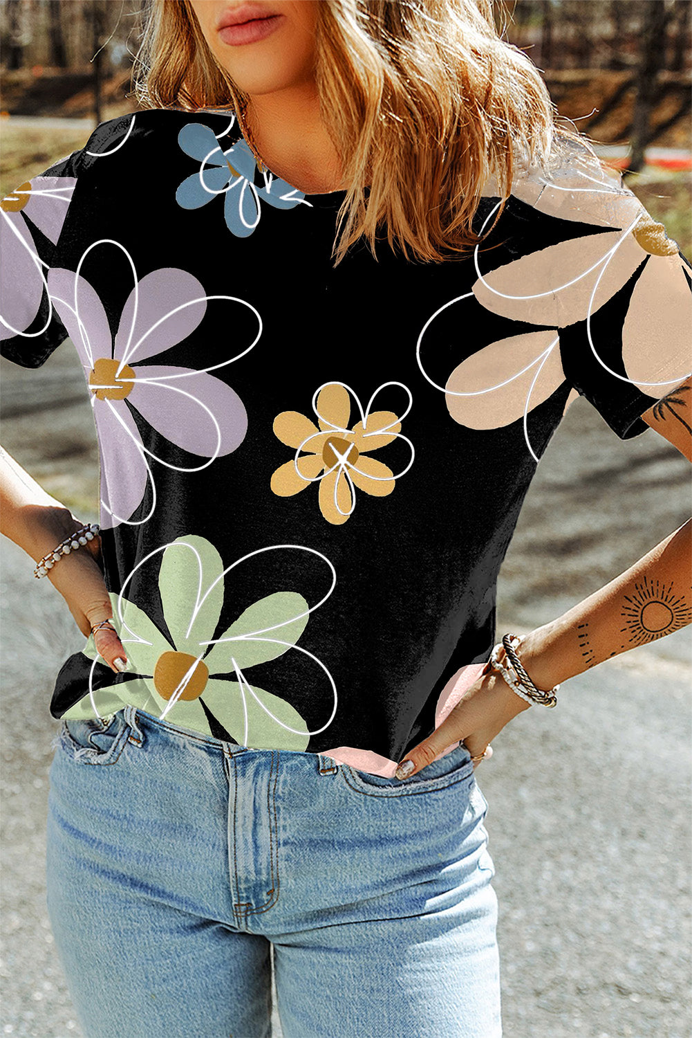 Black Summer Flower Print Casual Round Neck T Shirt - Premium Tops/Tops & Tees from Ashes 2 Wildflowers Boutique, LLC- Just $25.22! Shop now at Ashes 2 Wildflowers Boutique, LLC