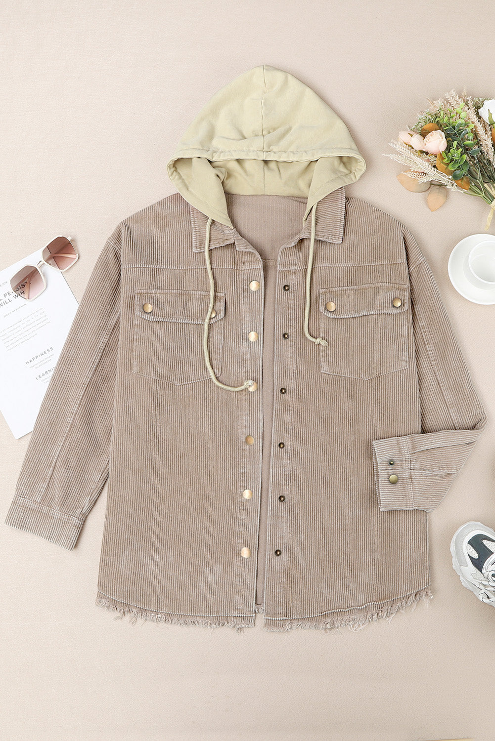 Khaki Patchwork Hooded Corduroy Shacket - Premium Outerwear from Momma Done Gone Crafty- Just $53.94! Shop now at Momma Done Gone Crafty