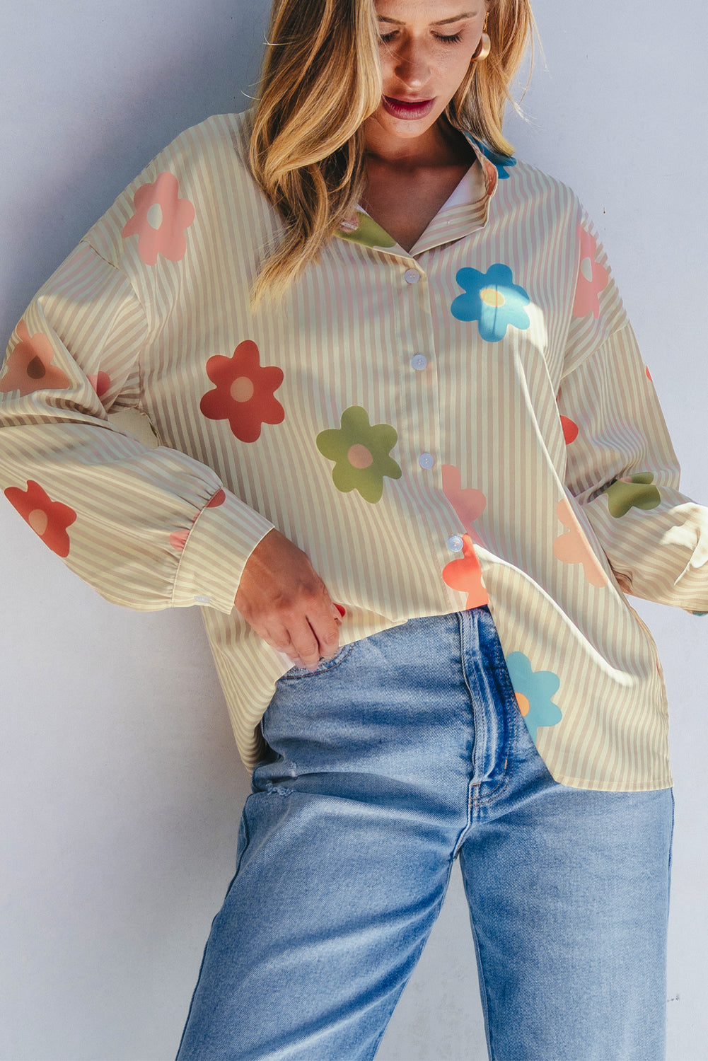 Apricot Stripe Flower Print Collared Button-up Loose Fit Shirt - Premium Sale (50% OFF)/30% OFF from Ashes 2 Wildflowers Boutique, LLC- Just $20.29! Shop now at Ashes 2 Wildflowers Boutique, LLC