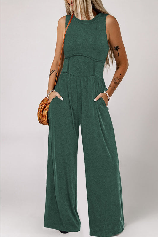 Blackish Green Cinched Waist Sleeveless Wide Leg Jumpsuit - Premium Bottoms/Jumpsuits & Rompers from Momma Done Gone Crafty- Just $35.82! Shop now at Momma Done Gone Crafty