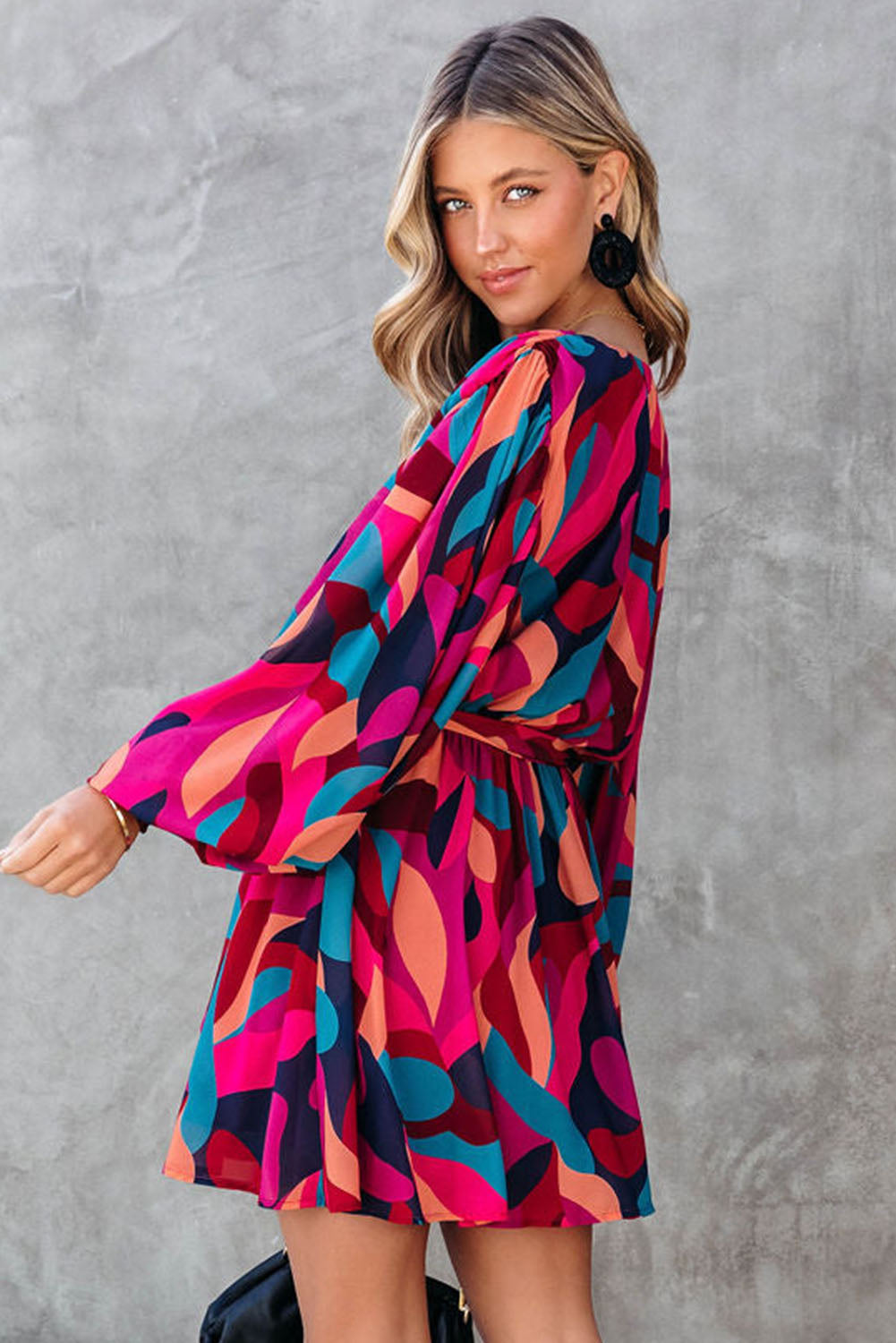 Red Abstract Printed Belted Puff Sleeve Mini Dress - Premium Dresses from Momma Done Gone Crafty- Just $49.94! Shop now at Momma Done Gone Crafty