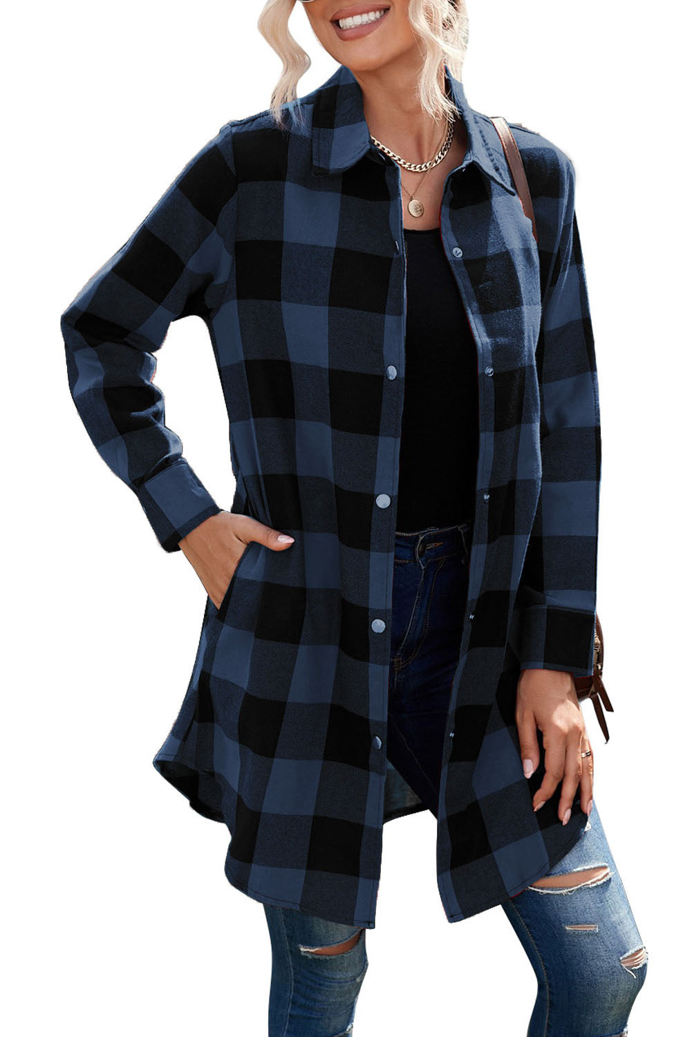 Blue Turn-down Collar Plaid Shirt Jacket - Premium Outerwear from Momma Done Gone Crafty- Just $44.94! Shop now at Momma Done Gone Crafty