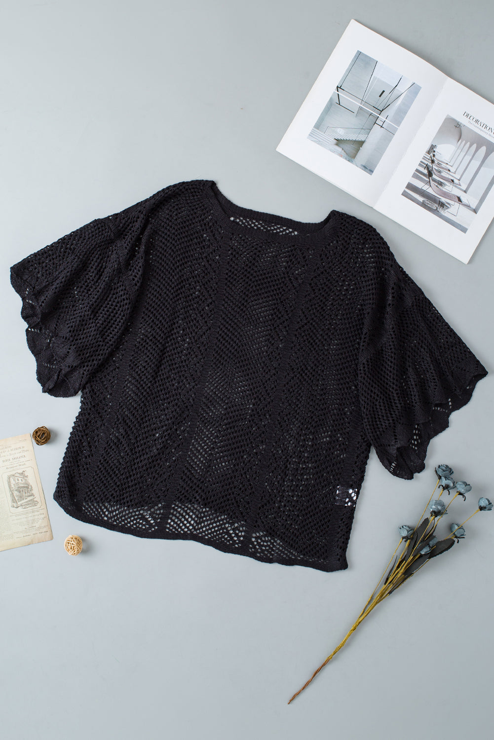 Black Pointelle Knit Scallop Edge Short Sleeve Top - Premium Sweaters & Cardigans/Short Sleeve Sweaters from Momma Done Gone Crafty- Just $28! Shop now at Momma Done Gone Crafty