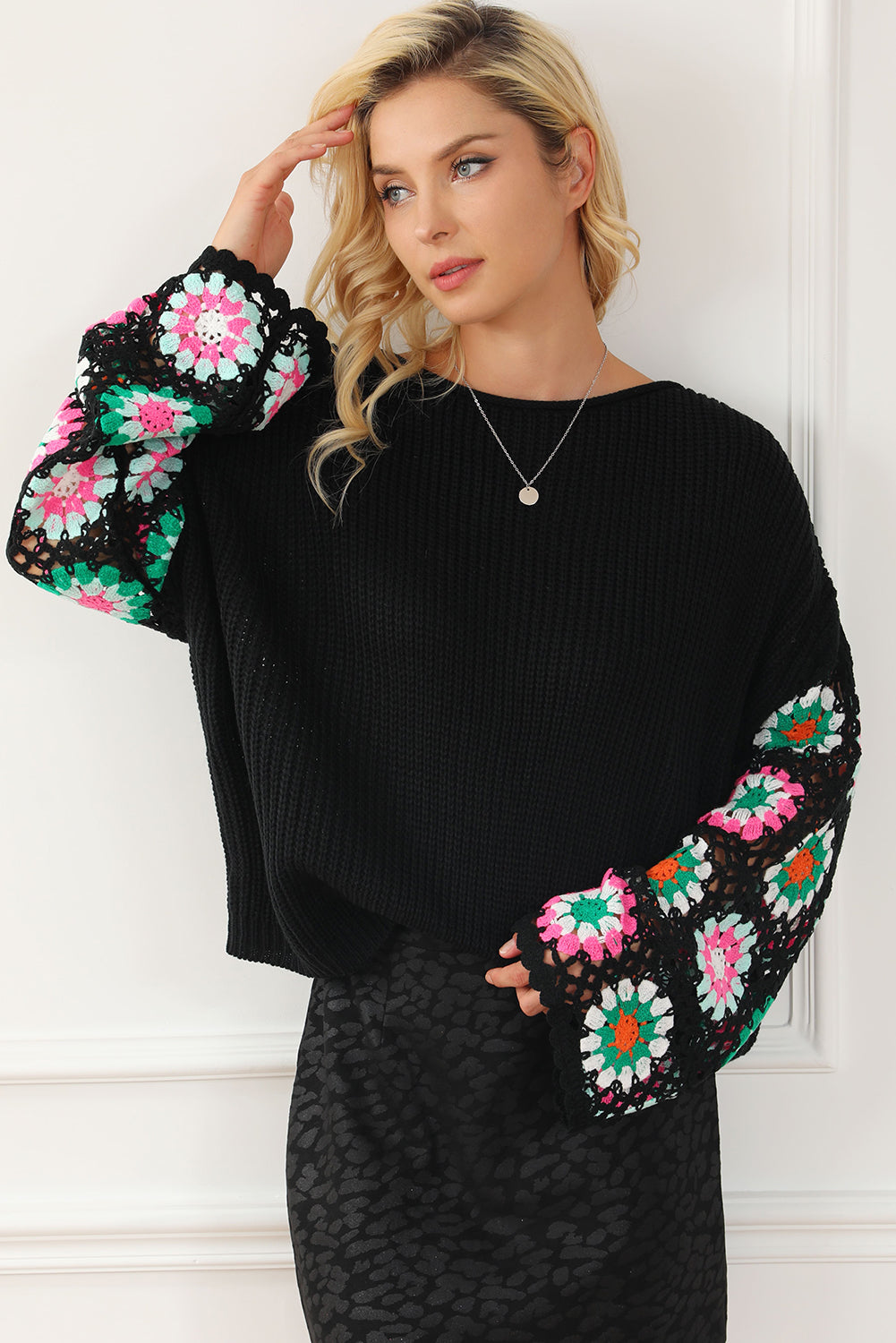 Black Floral Crochet Bell Sleeve Loose Sweater - Premium Tops from Momma Done Gone Crafty- Just $52.99! Shop now at Momma Done Gone Crafty