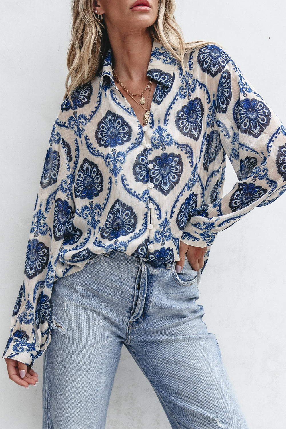 Blue Tribal Pattern Buttoned Front Loose Shirt - Premium Tops/Blouses & Shirts from Ashes 2 Wildflowers Boutique, LLC- Just $23.58! Shop now at Ashes 2 Wildflowers Boutique, LLC