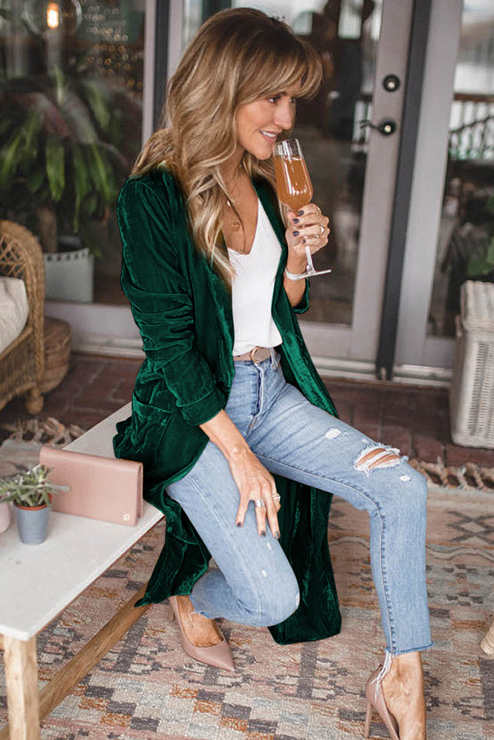 Green Velvet Open Front Pocketed Long Duster - Premium Tops from Momma Done Gone Crafty- Just $41.40! Shop now at Momma Done Gone Crafty
