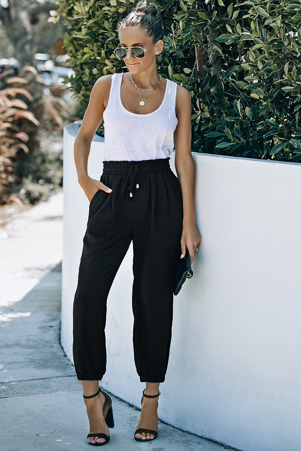 Black Solid Color Drawstring Smocked Waist Joggers - Premium Bottoms from Momma Done Gone Crafty- Just $47.40! Shop now at Momma Done Gone Crafty