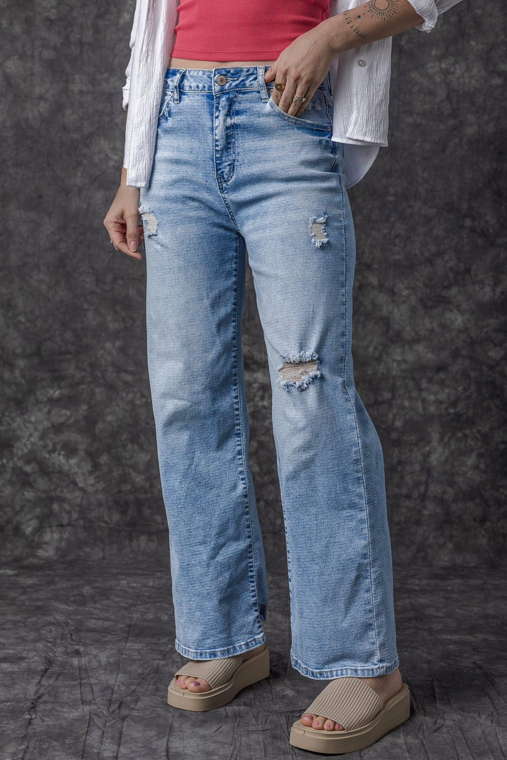 Light Blue High Rise Distressed Straight Leg Jeans - Premium Bottoms/Jeans from Ashes 2 Wildflowers Boutique, LLC- Just $37.14! Shop now at Ashes 2 Wildflowers Boutique, LLC