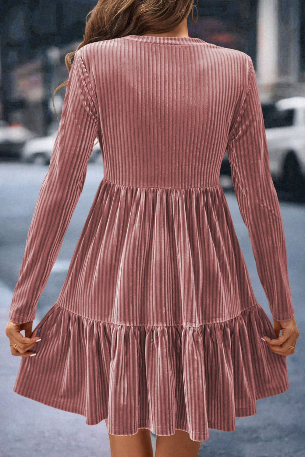 Apricot Pink Plus Size Velvet Ribbed Knit Tiered Ruffled Mini Dress - Premium Plus Size/Plus Size Dresses/Plus Size Mini Dresses from Momma Done Gone Crafty- Just $30.90! Shop now at Momma Done Gone Crafty