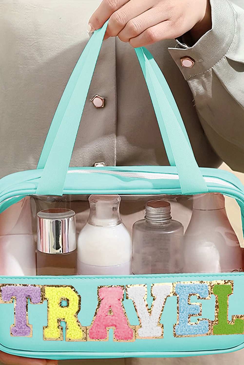 Mint Green TRAVEL Chenille Letter Clear PVC Makeup Bag - Premium Accessories from Momma Done Gone Crafty- Just $13.98! Shop now at Momma Done Gone Crafty