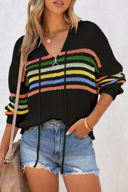 Black Striped Detail Zip Up Hooded Sweater Cardigan - Premium Tops from Momma Done Gone Crafty- Just $47.94! Shop now at Momma Done Gone Crafty