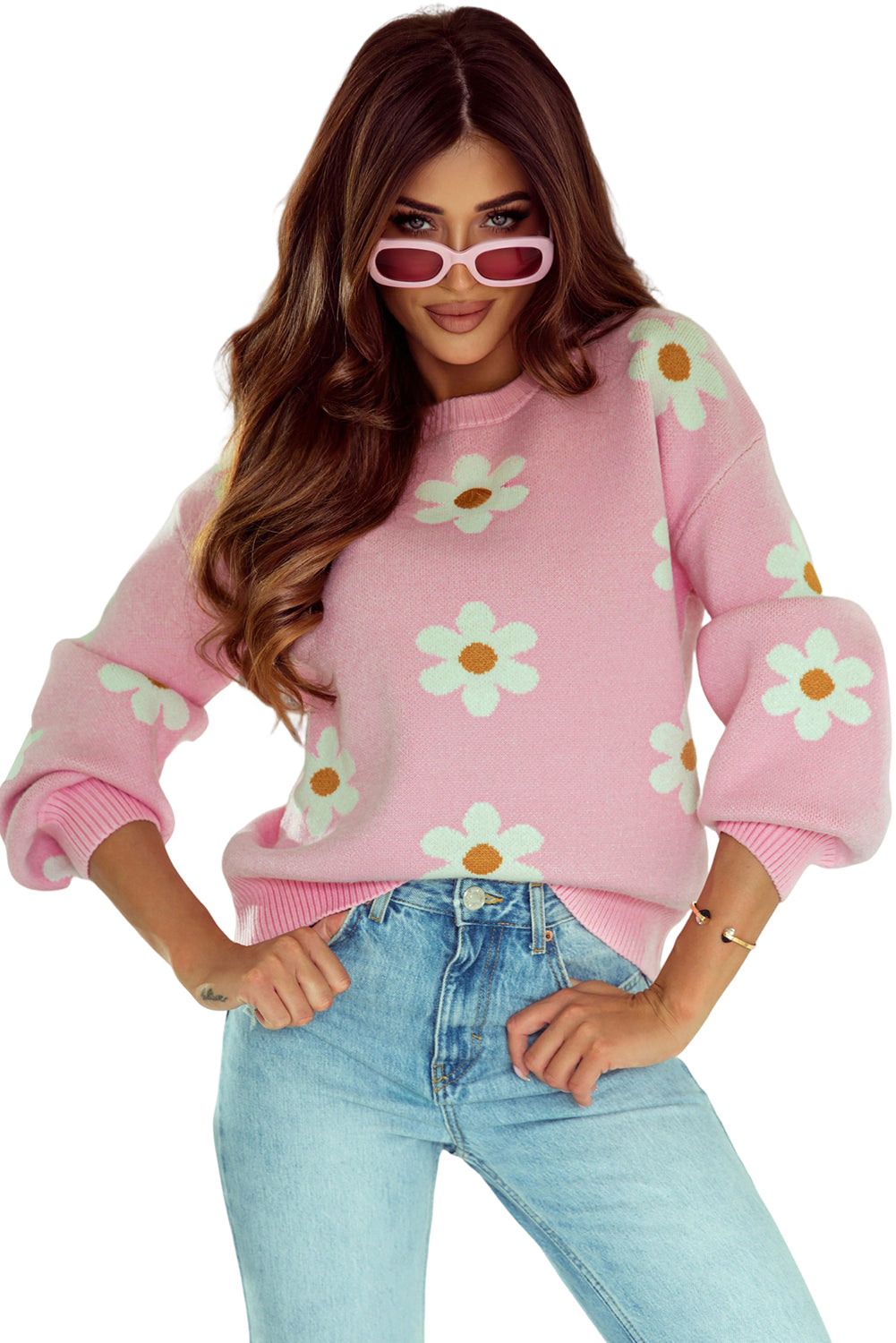 Pink Floral Pattern Drop Shoulder Sweater - Premium Tops from Momma Done Gone Crafty- Just $54.80! Shop now at Momma Done Gone Crafty