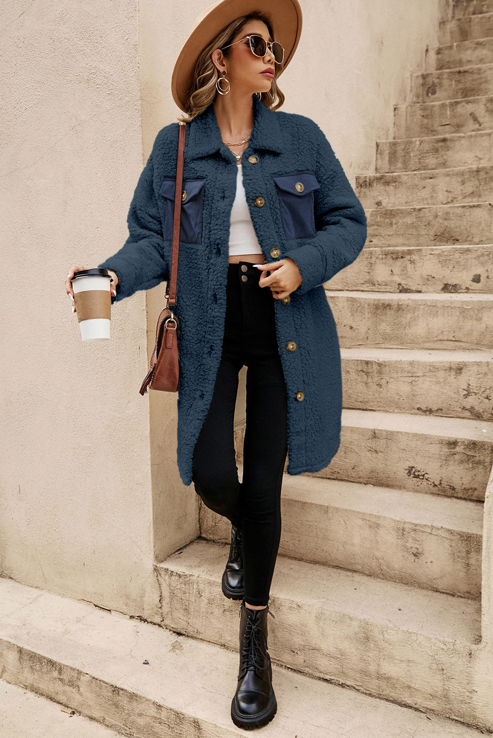 Blue Contrast Flap Pocket Single Breasted Teddy Coat - Premium Outerwear/Coats from Momma Done Gone Crafty- Just $45.99! Shop now at Momma Done Gone Crafty