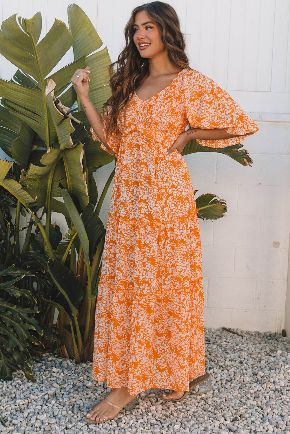 Orange Floral Print Smocked V Neck Wide Sleeve Maxi Dress - Premium Dresses/Floral Dresses from Momma Done Gone Crafty- Just $55.99! Shop now at Momma Done Gone Crafty