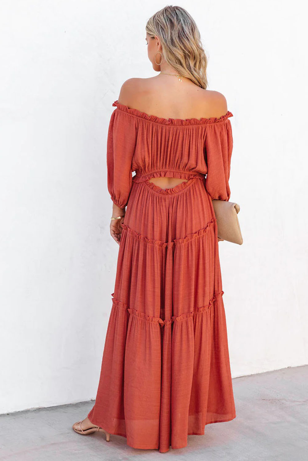 Orange Off Shoulder Balloon Sleeve Cutout Ruffled Maxi Dress - Premium Dresses from Momma Done Gone Crafty- Just $54.99! Shop now at Momma Done Gone Crafty