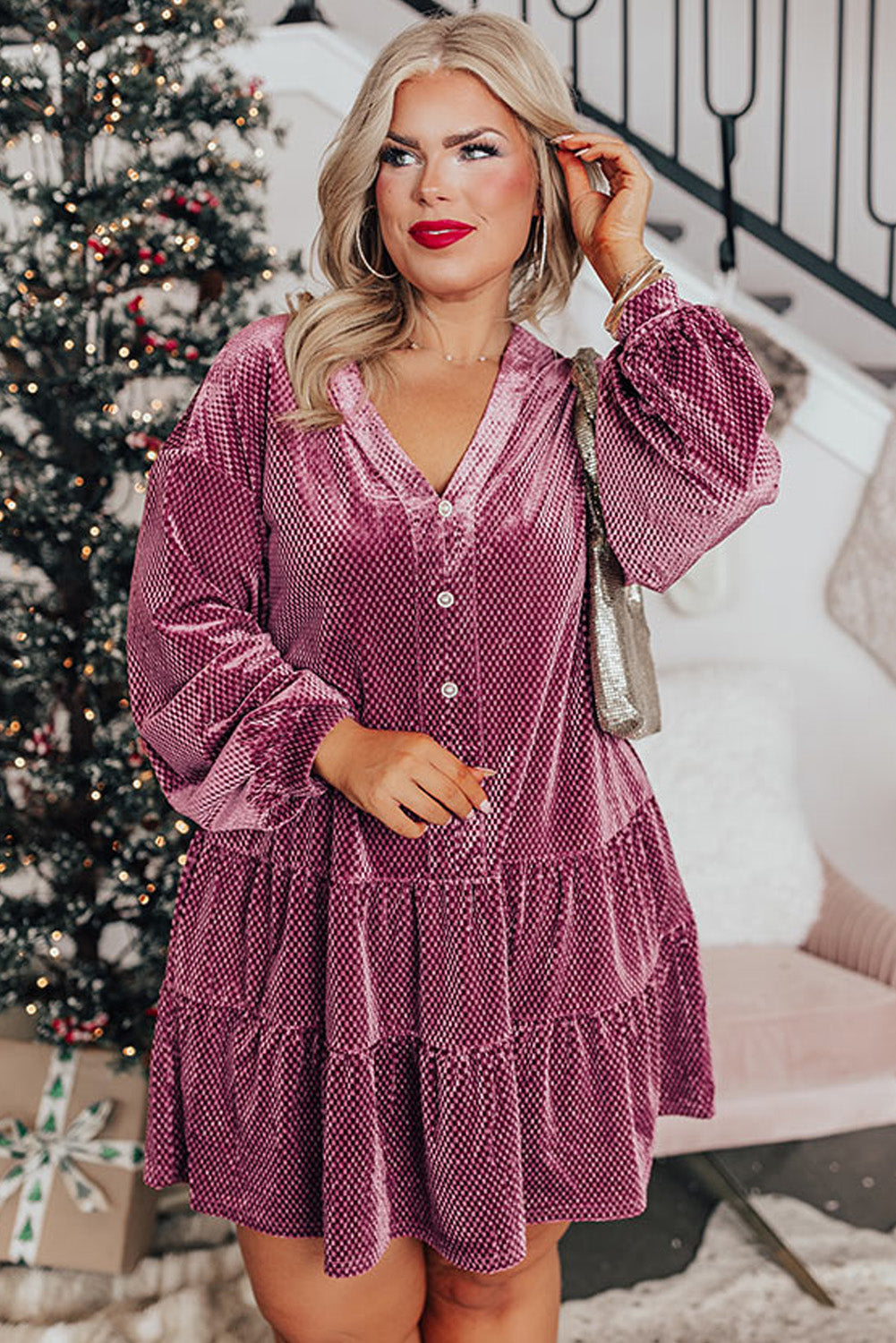 Meadow Mauve Plus Size Textured Velvet Tiered Buttons Tiered Dress - Premium Plus Size/Plus Size Dresses/Plus Size Mini Dresses from Momma Done Gone Crafty- Just $37.80! Shop now at Momma Done Gone Crafty