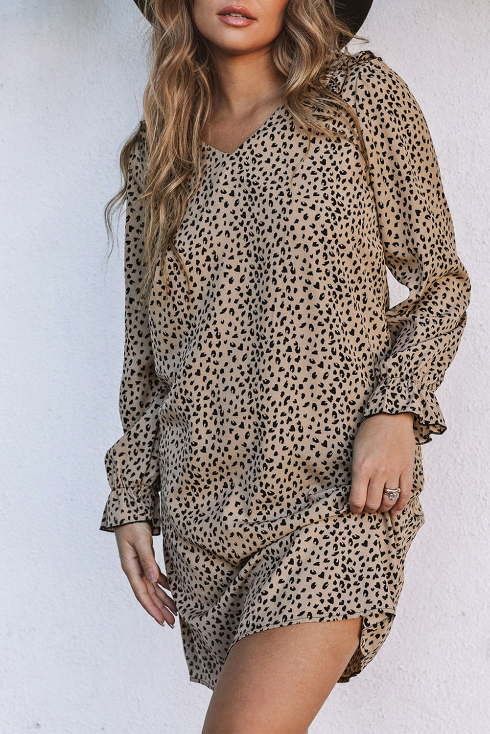 Khaki Leopard Frill Trim V Neck Dress - Premium Dresses from Momma Done Gone Crafty- Just $40.95! Shop now at Momma Done Gone Crafty