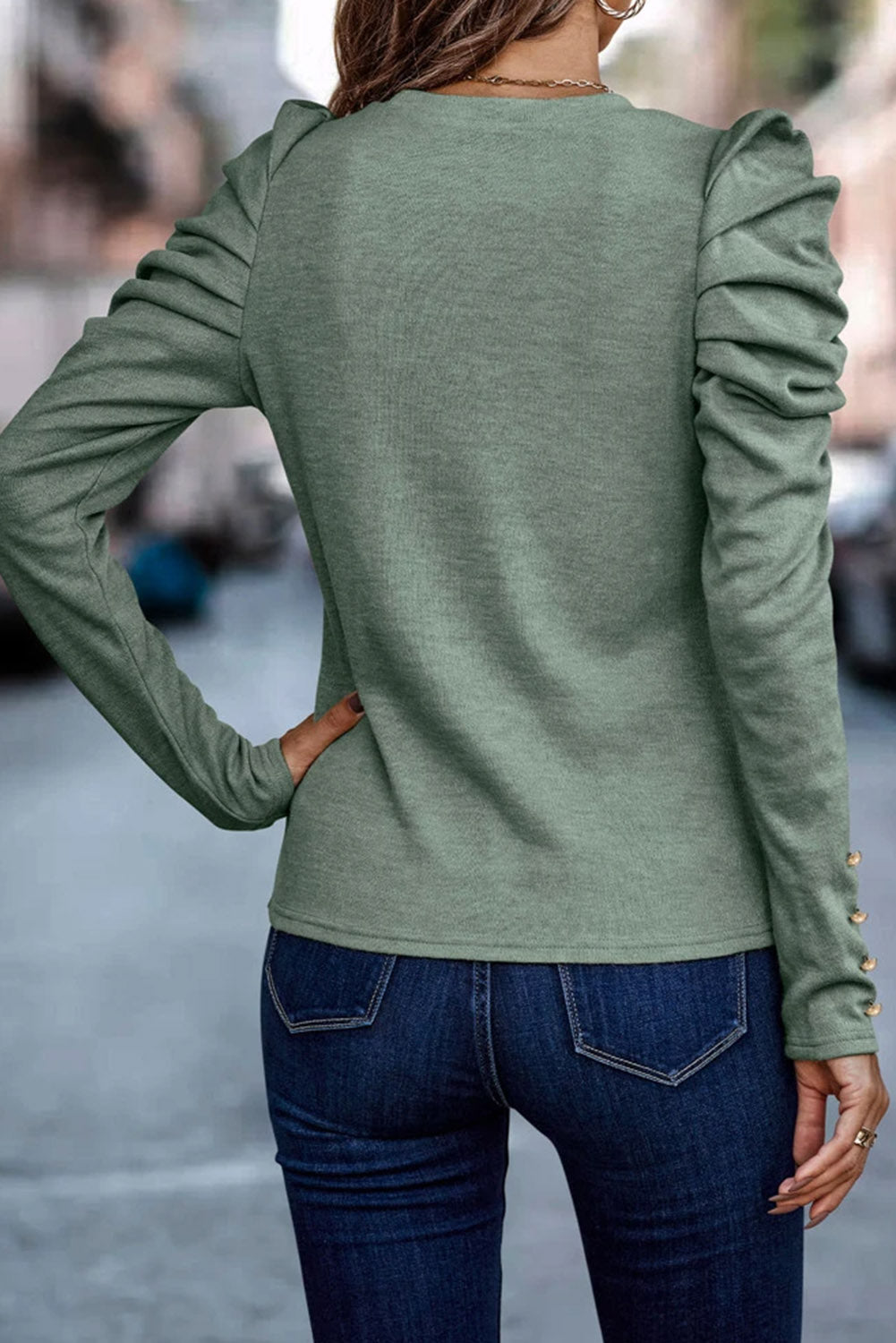 Green Buttoned Puff Long Sleeve Sheath Top - Premium Tops from Momma Done Gone Crafty- Just $44.10! Shop now at Momma Done Gone Crafty