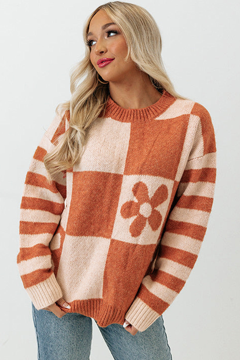 Brown Checkered Floral Print Striped Sleeve Sweater - Premium Tops from Momma Done Gone Crafty- Just $31.50! Shop now at Momma Done Gone Crafty