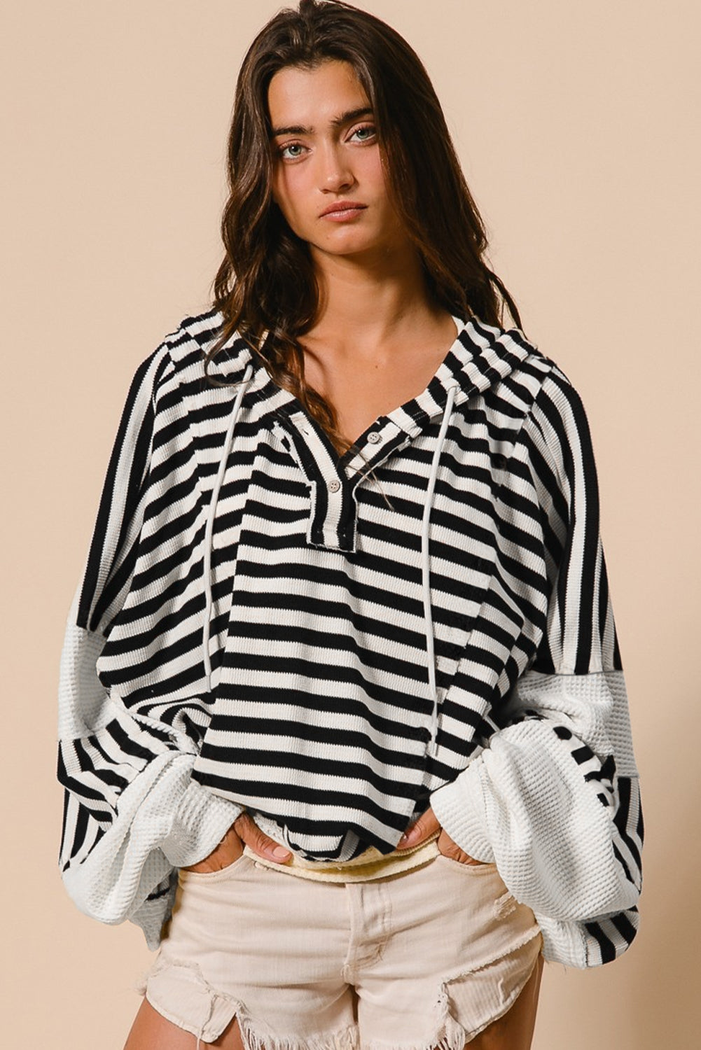 Black white Oversized Striped Henley Buttons Dolman Sleeve Hooded Top - Premium Tops/Long Sleeve Tops from Ashes 2 Wildflowers Boutique, LLC- Just $32.38! Shop now at Ashes 2 Wildflowers Boutique, LLC