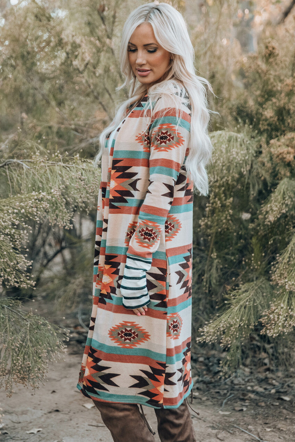 Multicolor Geometric Color Block Open Front Long Cardigan - Premium Tops from Momma Done Gone Crafty- Just $32.94! Shop now at Momma Done Gone Crafty