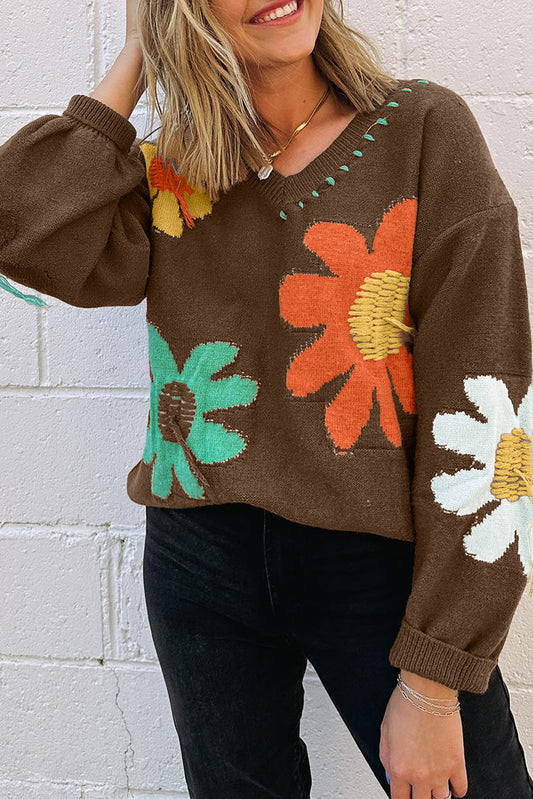 Coffee Big Flower Pattern V Neck Drop Shoulder Sweater - Premium Sweaters & Cardigans/Sweaters from Ashes 2 Wildflowers Boutique, LLC- Just $39.28! Shop now at Ashes 2 Wildflowers Boutique, LLC